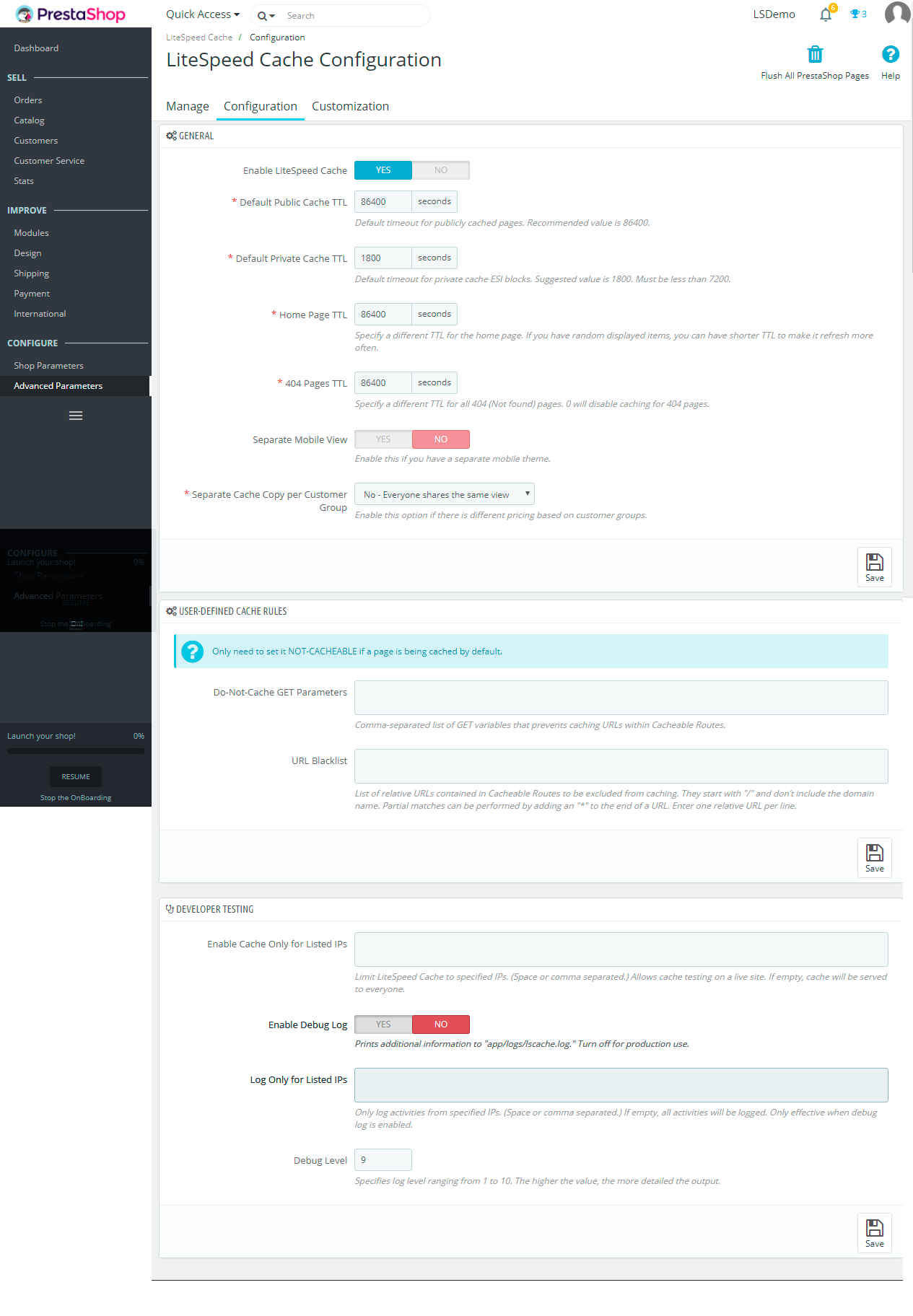 litespeed cache prestashop config